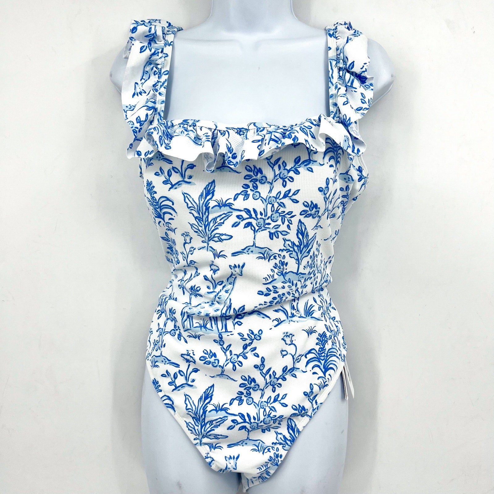 LILLY PULITZER Aemma Ruffle One-piece Swimsuit Size 16 White Blue Tall Tales NWT