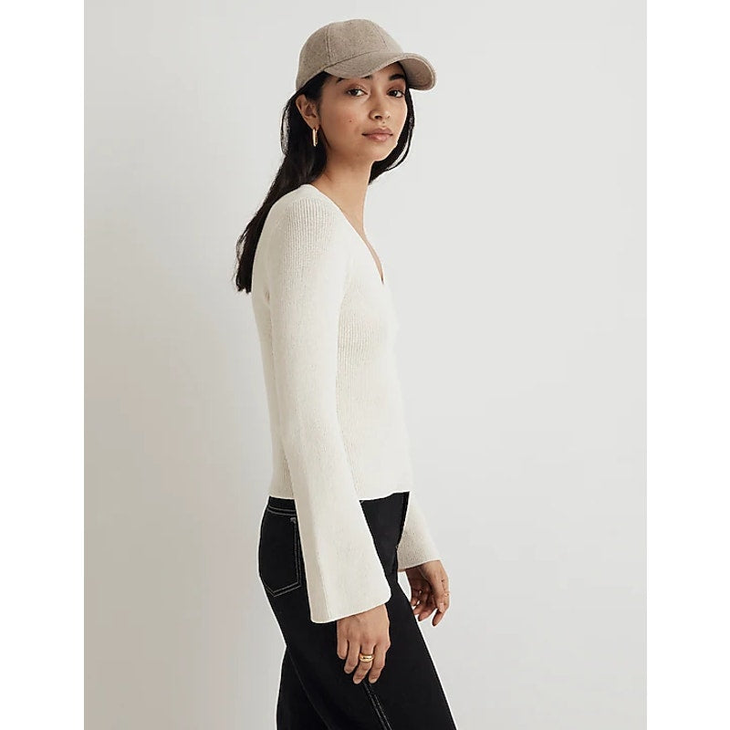 MADEWELL Womens Flared-Sleeve V-Neck Sweater Medium Antique Cream NO063 NWT