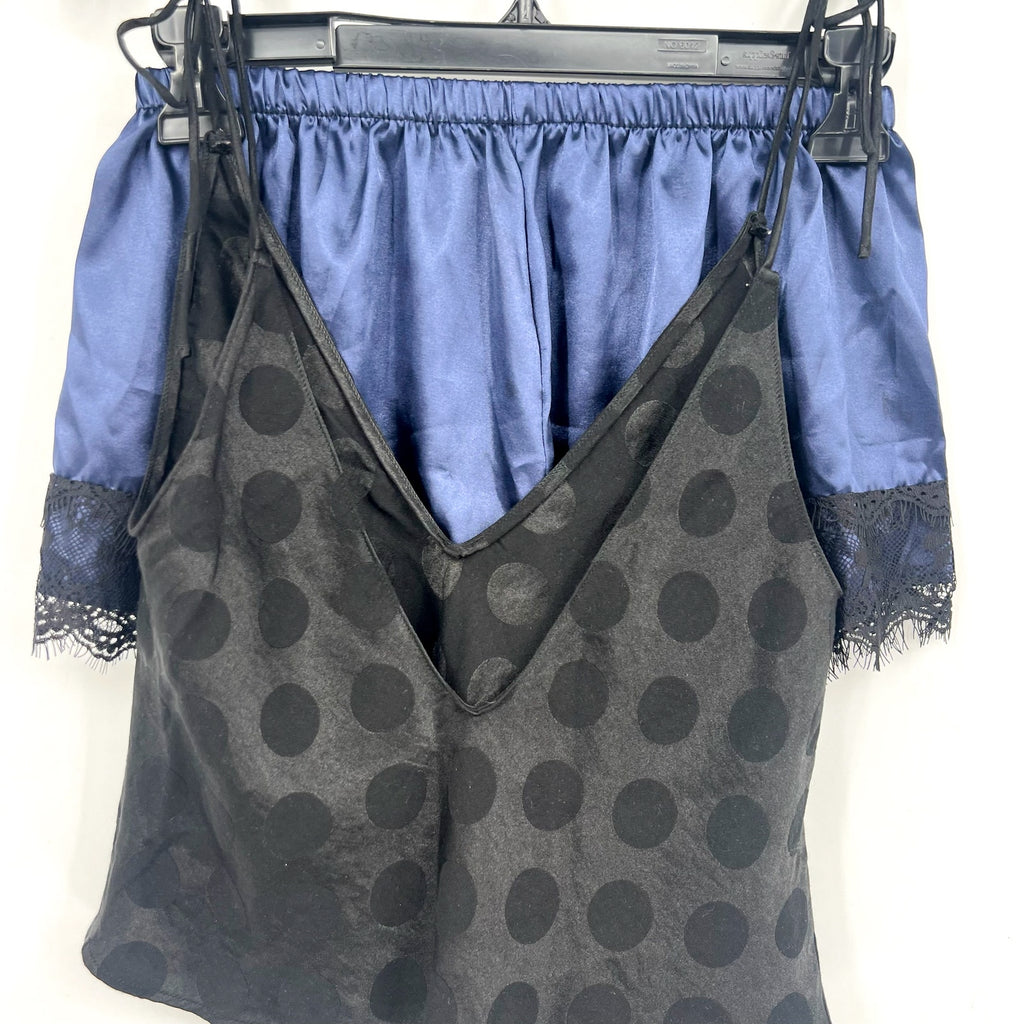 VICTORIA'S SECRET Polka Dot Satin Cami & Shorts Set XS Black Blue Lace Trim NWOT