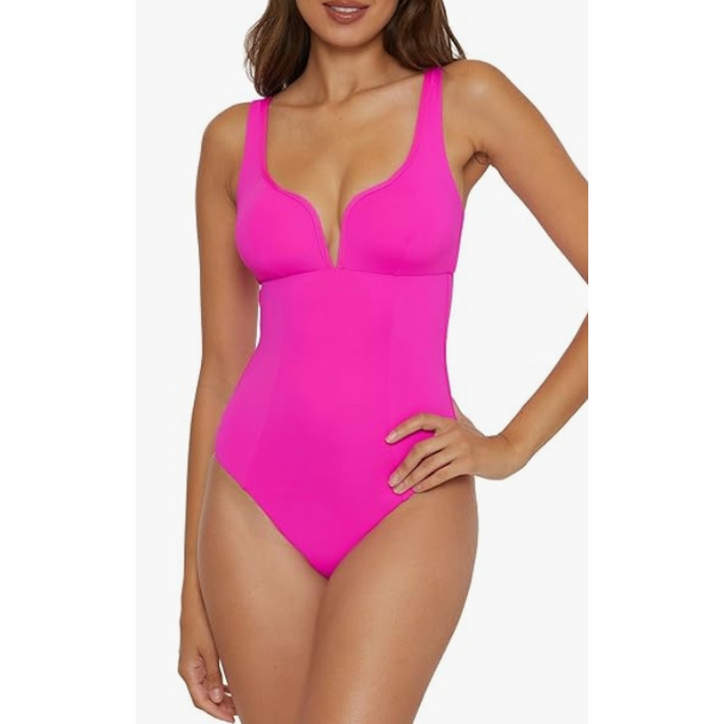 BECCA Women's Color Code V-Wire One Piece Swimsuit Large Vivid Pink Stretch NWT