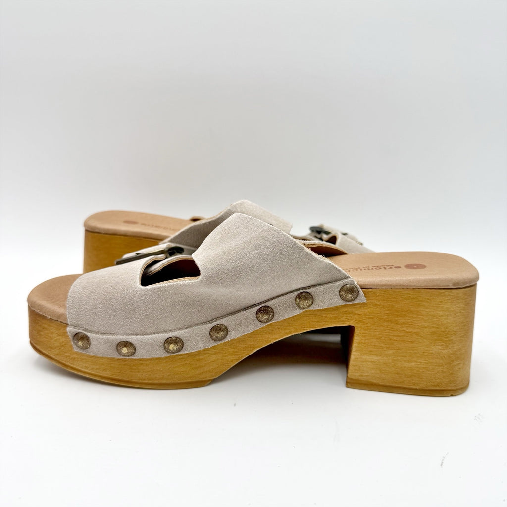 Eric Michael Womens Austin Clogs Sandals EU 38 US 7-7.5 Beige Grey Suede NWOB
