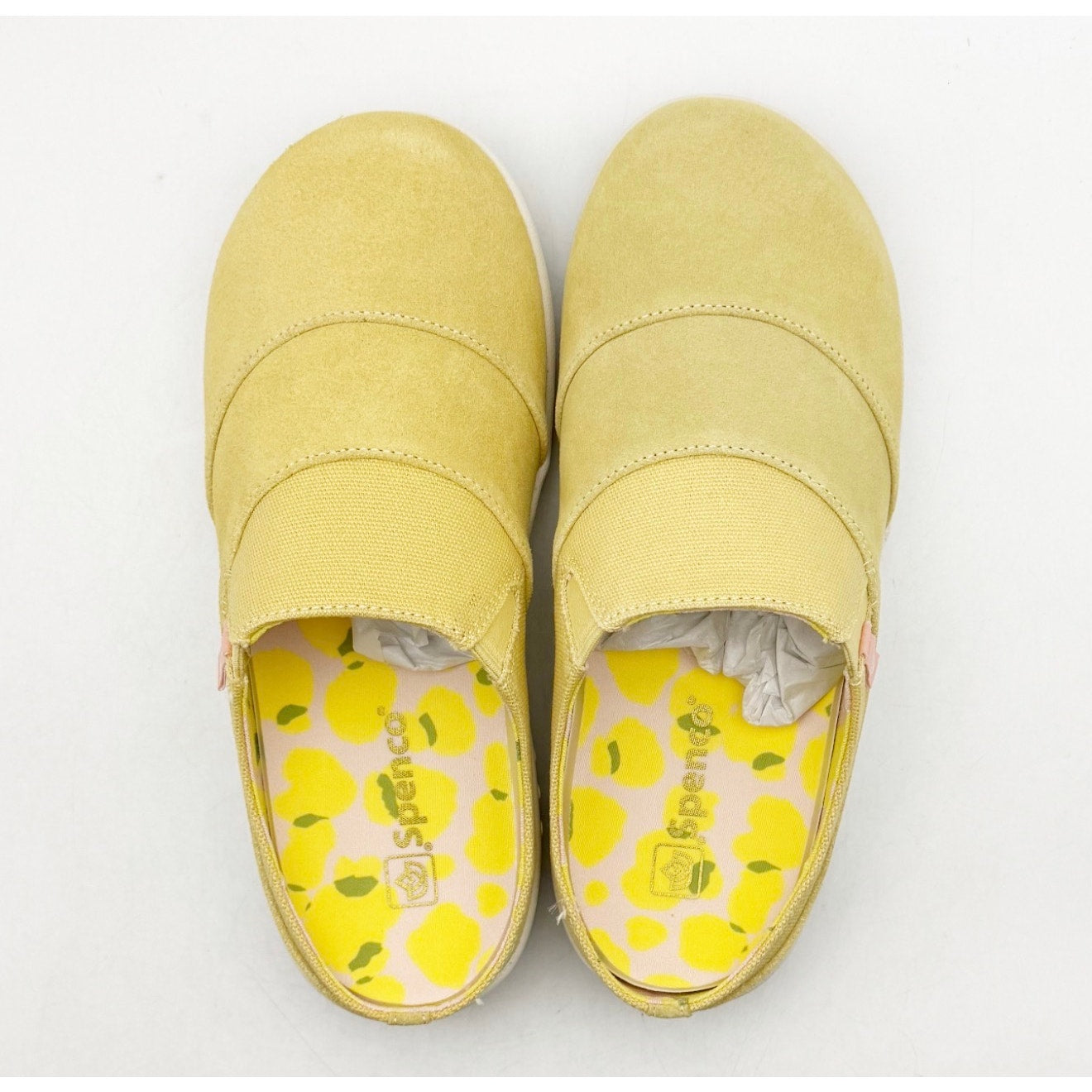 Spenco Women's Siesta Bokeh Layered Clogs 6 WIDE Sundress Yellow Slip-On NIB