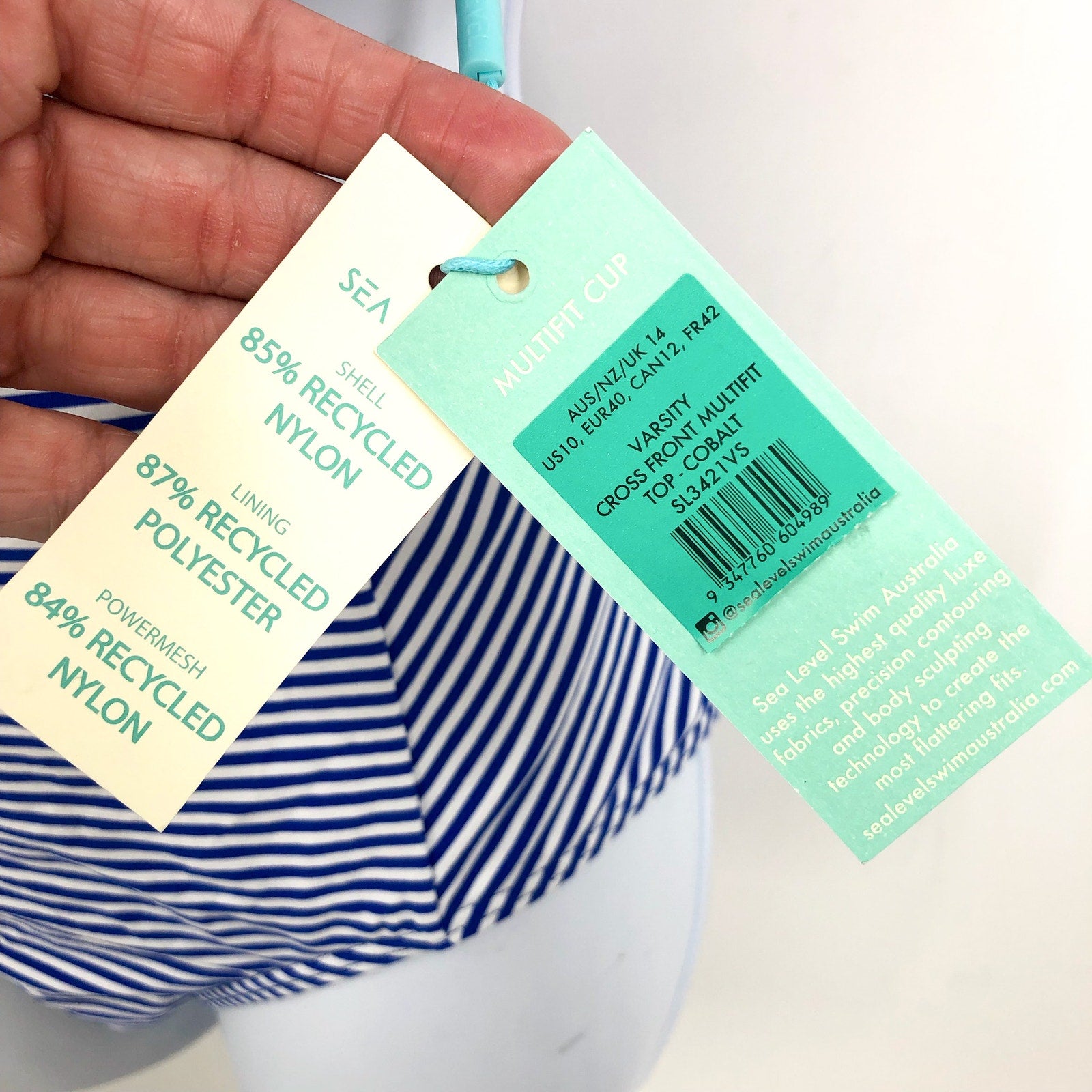 SEA LEVEL SWIM Standard Varsity Bikini Set Top US 10 Bottom US 12 Blue White NWT