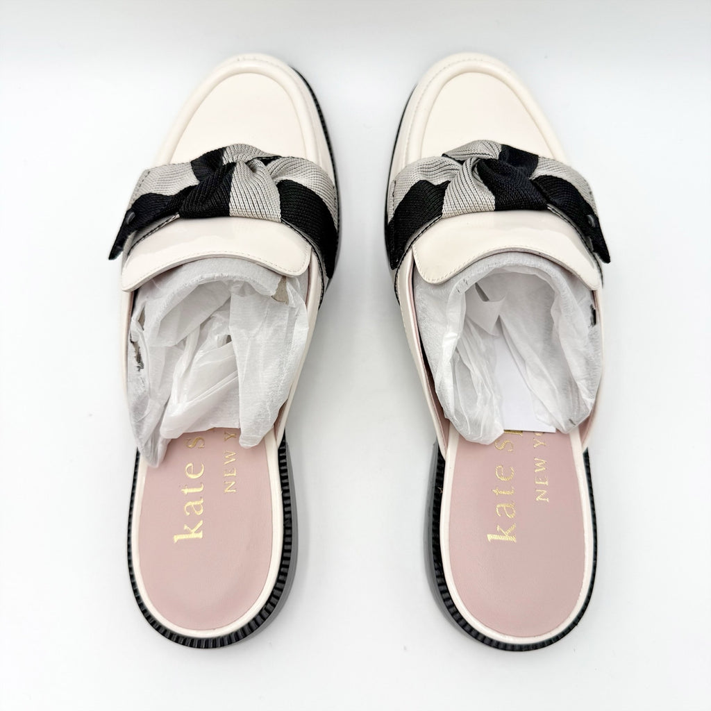 Kate Spade Womens Leandra Mule Loafer Size 9 Cream Patent Leather Twill Bow NIB