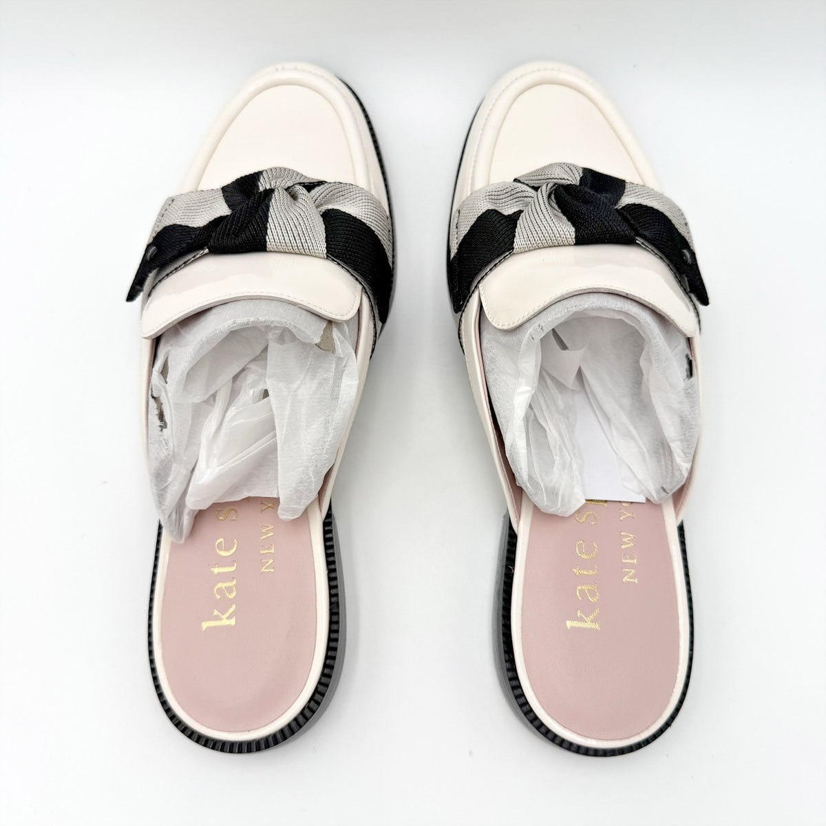 Kate Spade Womens Leandra Mule Loafer Size 9 Cream Patent Leather Twill Bow NIB