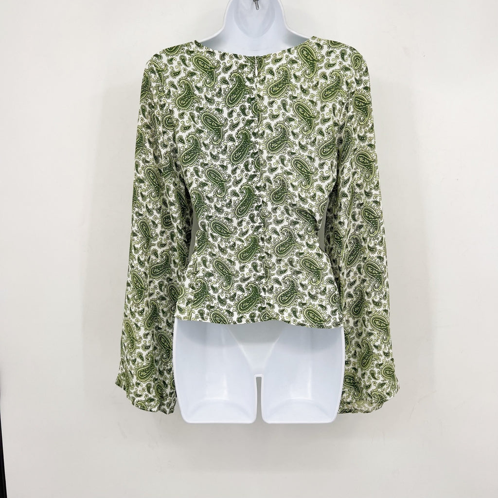 FAITHFULL THE BRAND Women's Bell Sleeve Top Size 10 Green Paisley NWOT