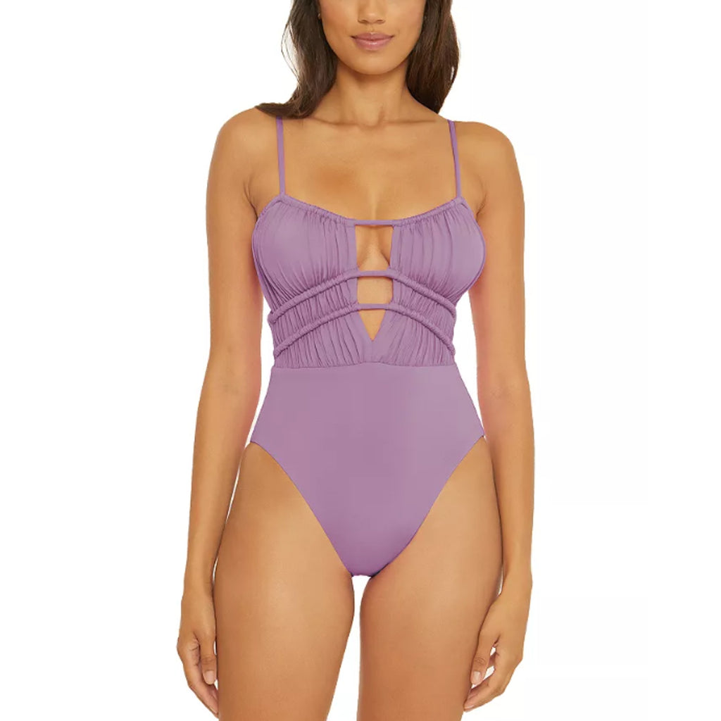 BECCA Color Code Sarai Plunge One Piece Swimsuit Medium Purple Cut Out NWT