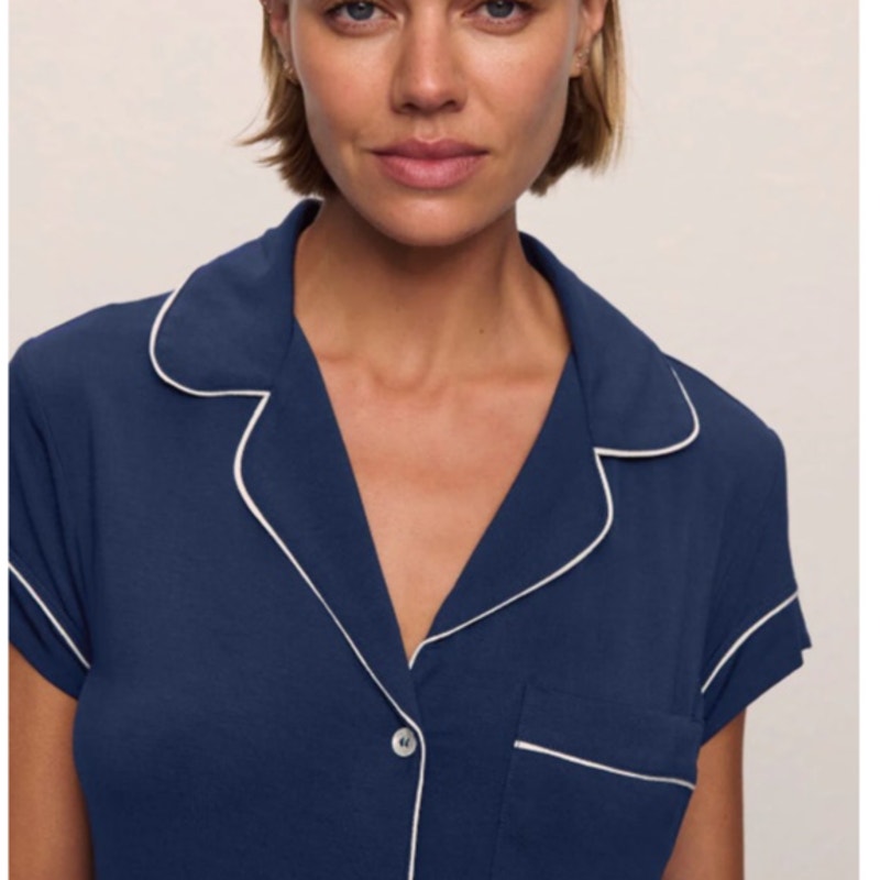 EBERJEY Women's Gisele Shortie PJ Set Medium Navy Blue Ivory TENCEL Modal NWT
