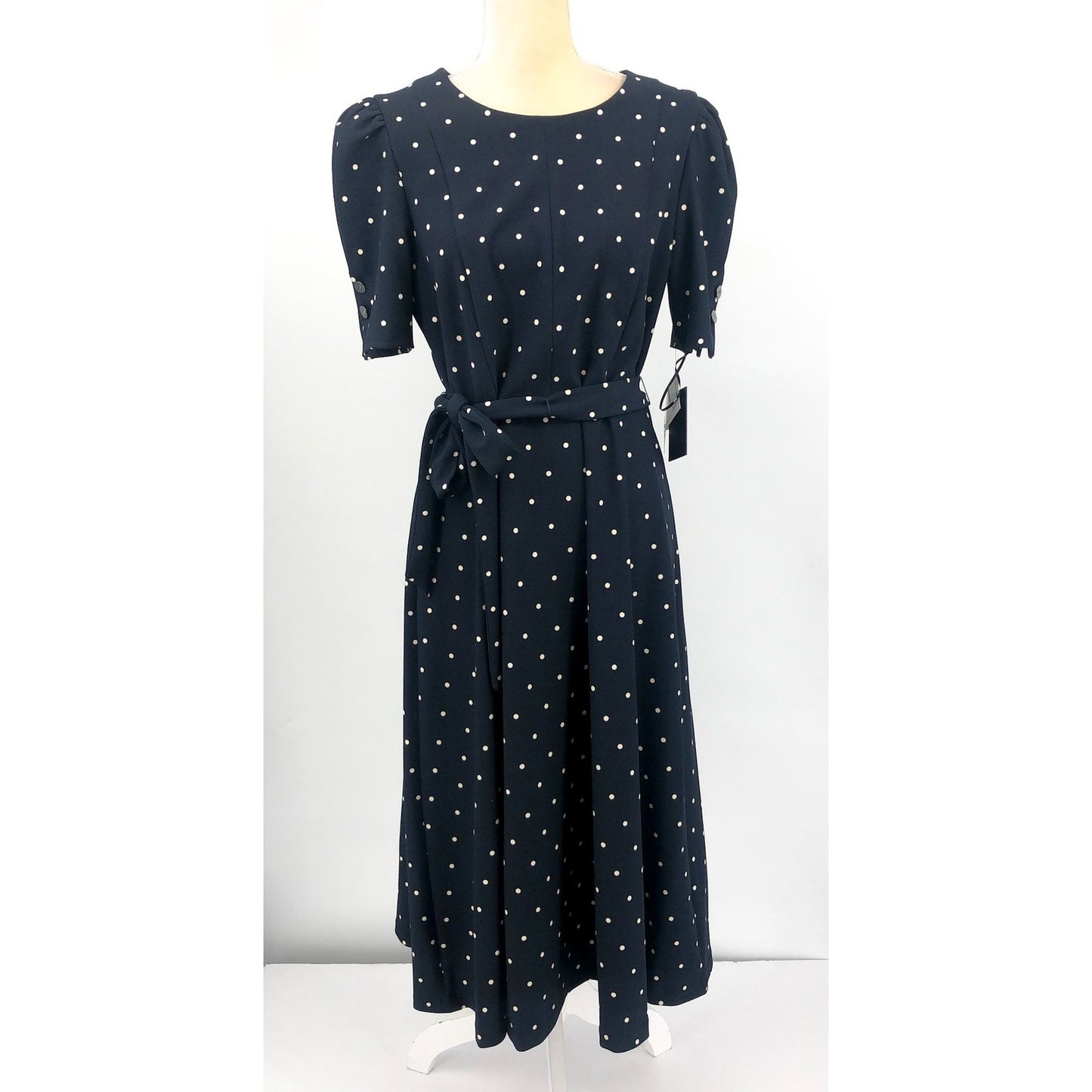 DKNY Women's Polka-Dot Puff-Sleeve Midi Dress Size 12 Navy Waist Tie Belt NWT