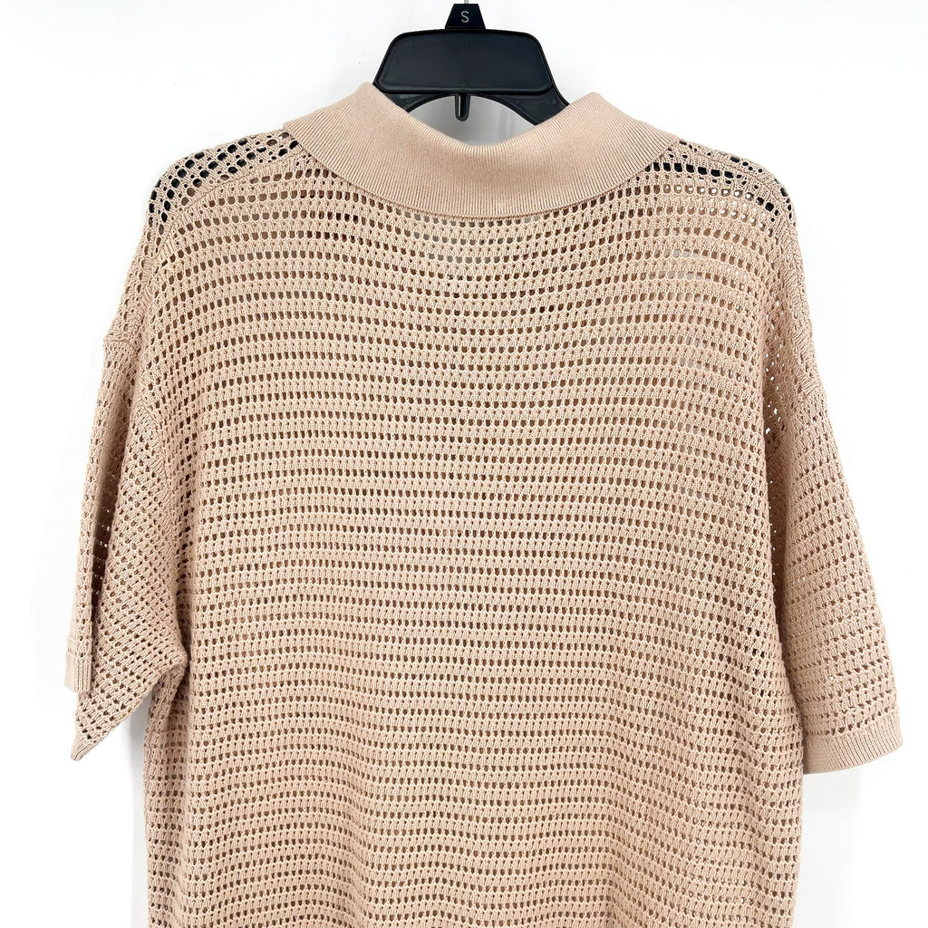 VARLEY Womens Clayton Polo Sweater Medium Beige Moonlight Knit Short Sleeve NWOT