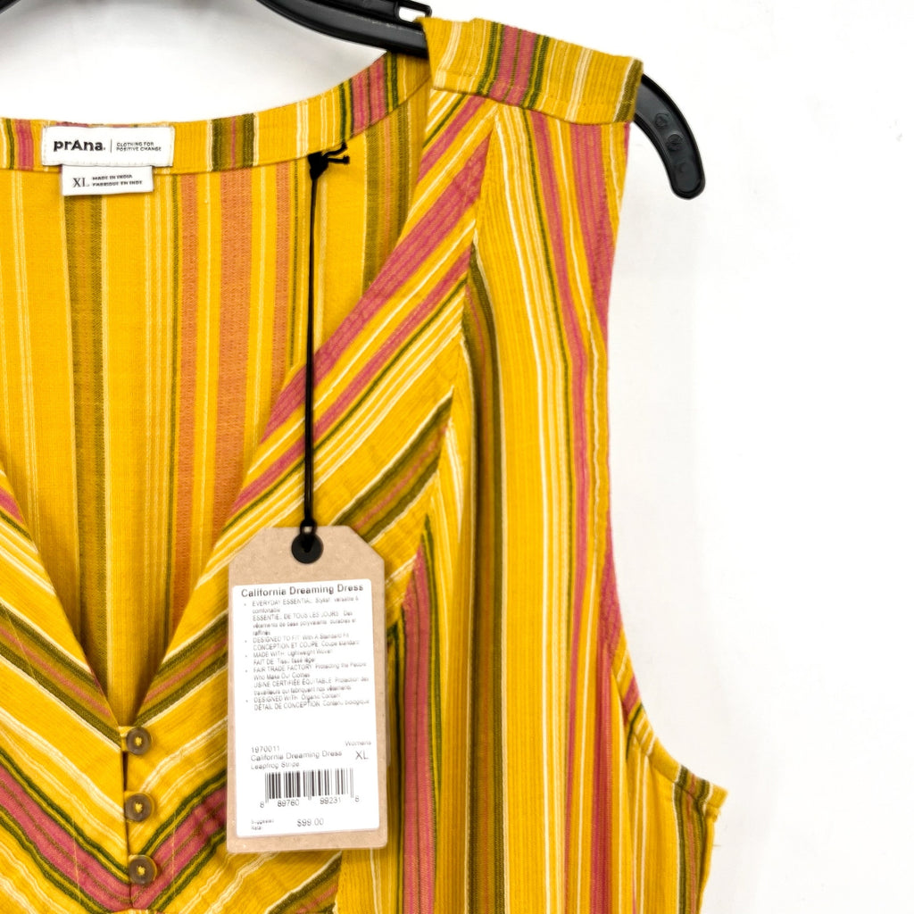 PRANA California Dreaming Midi Dress XL Yellow Stripe Sleeveless Cotton NWT