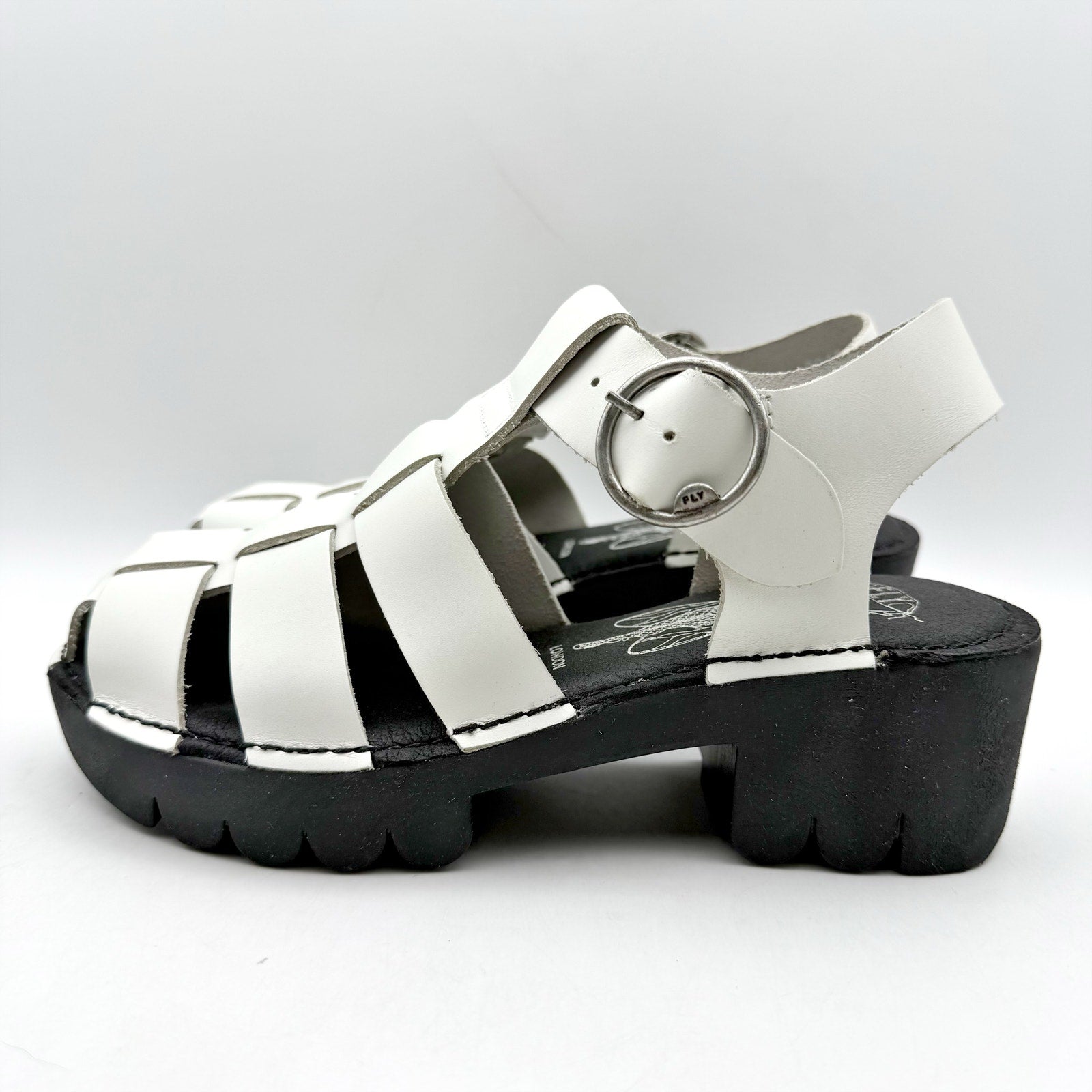 Fly London Womens Emme511fly Heeled Sandals EU 36 US 5.5 White Black Leather NIB