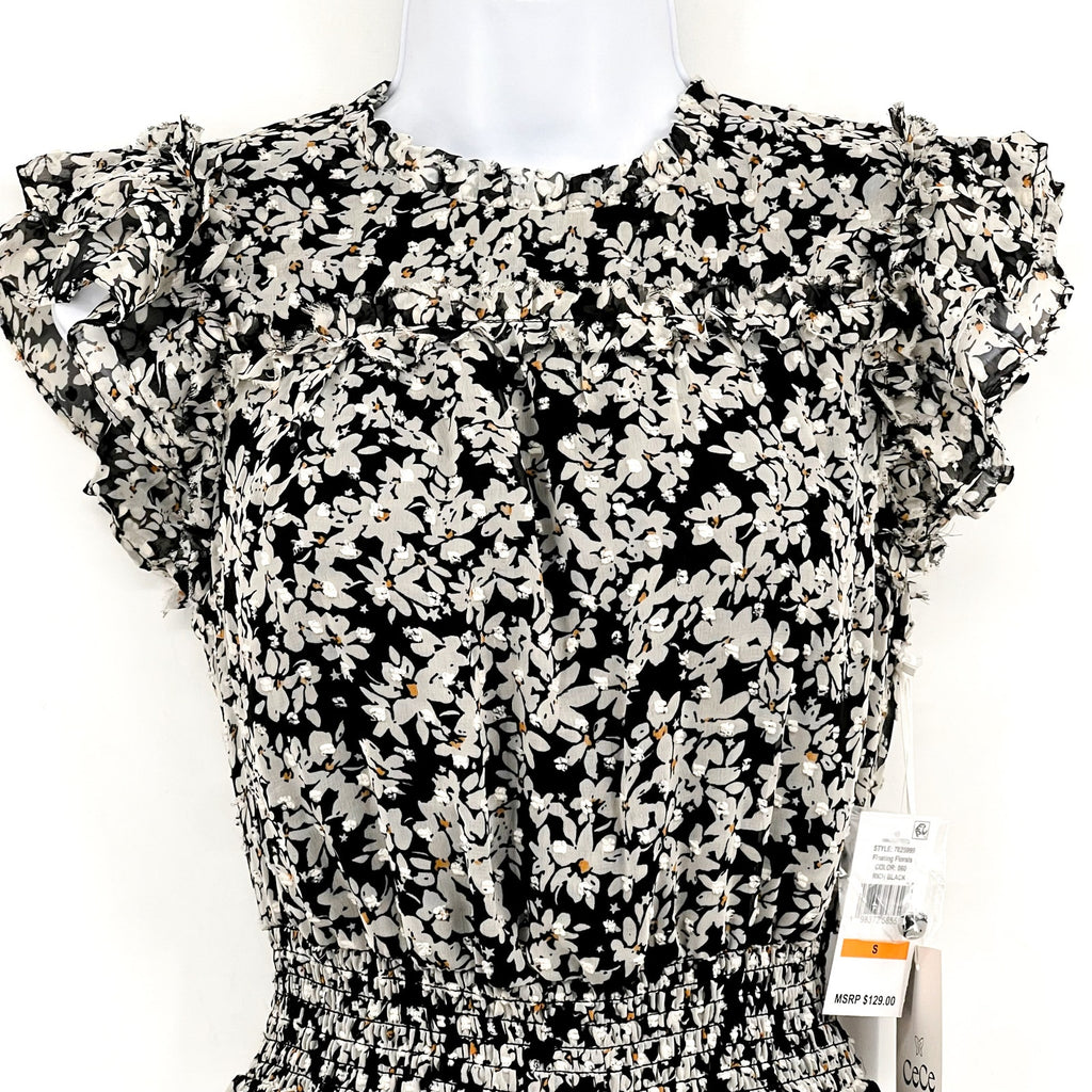 CECE Women's Floral Print Midi Dress Small Black White Smocked Waist NWT