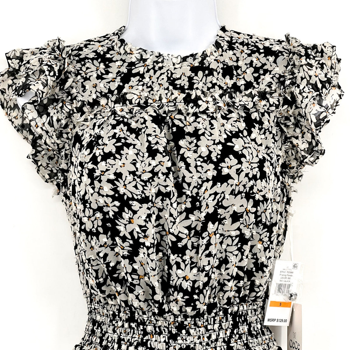 CECE Women's Floral Print Midi Dress Small Black White Smocked Waist NWT