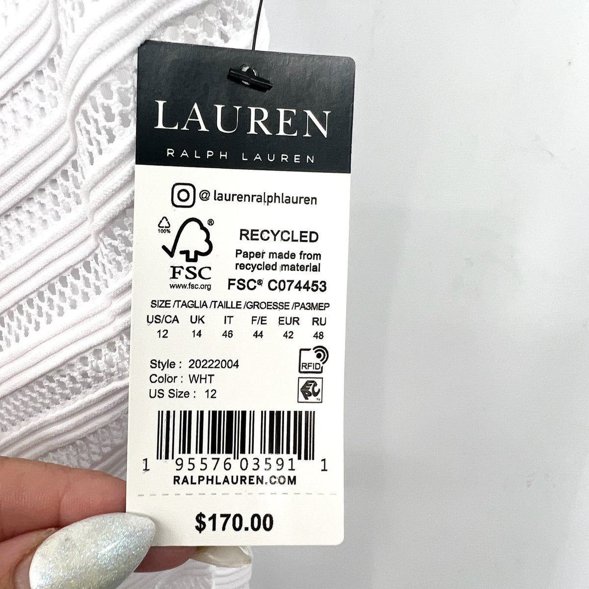 RALPH LAUREN Ottoman Mesh One-Piece Swimsuit Size 12 White One Shoulder NWT