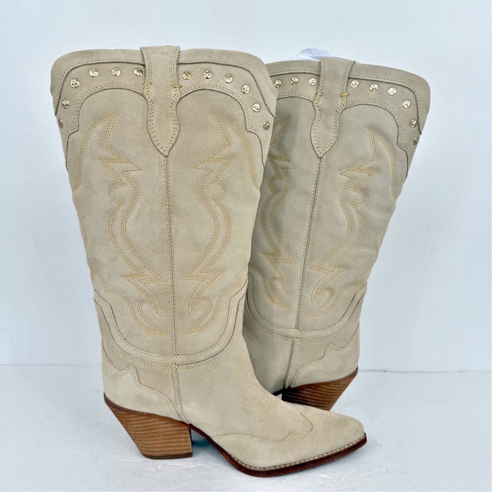 Sam Edelman Womens James Cowboy Boots US 8 M Wide Calf White Ivory Suede NIB
