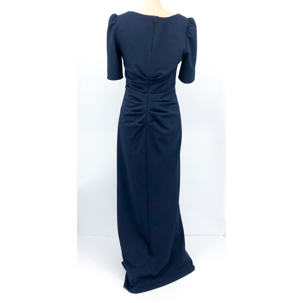 XSCAPE Women's Scuba Crepe Ruffle Gown Size 8 Navy Blue Short Sleeve Dress NWOT
