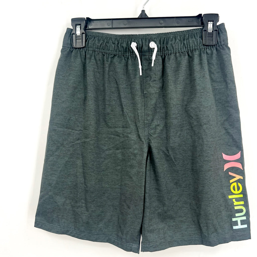 HURLEY Boys Printed Heathered Pull-On Swim Short Large Black Grey NWOT