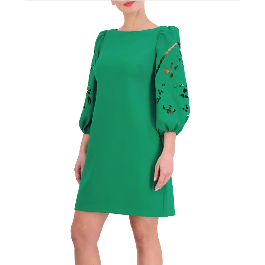 VINCE CAMUTO Women's Crepe Shift Dress Size 2 Green Eyelet Sleeve Cut Out NWOT