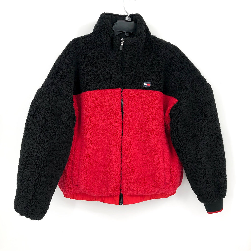 TOMMY HILFIGER SPORT Womens Reversible Track Jacket Large Red Black Sherpa NWT