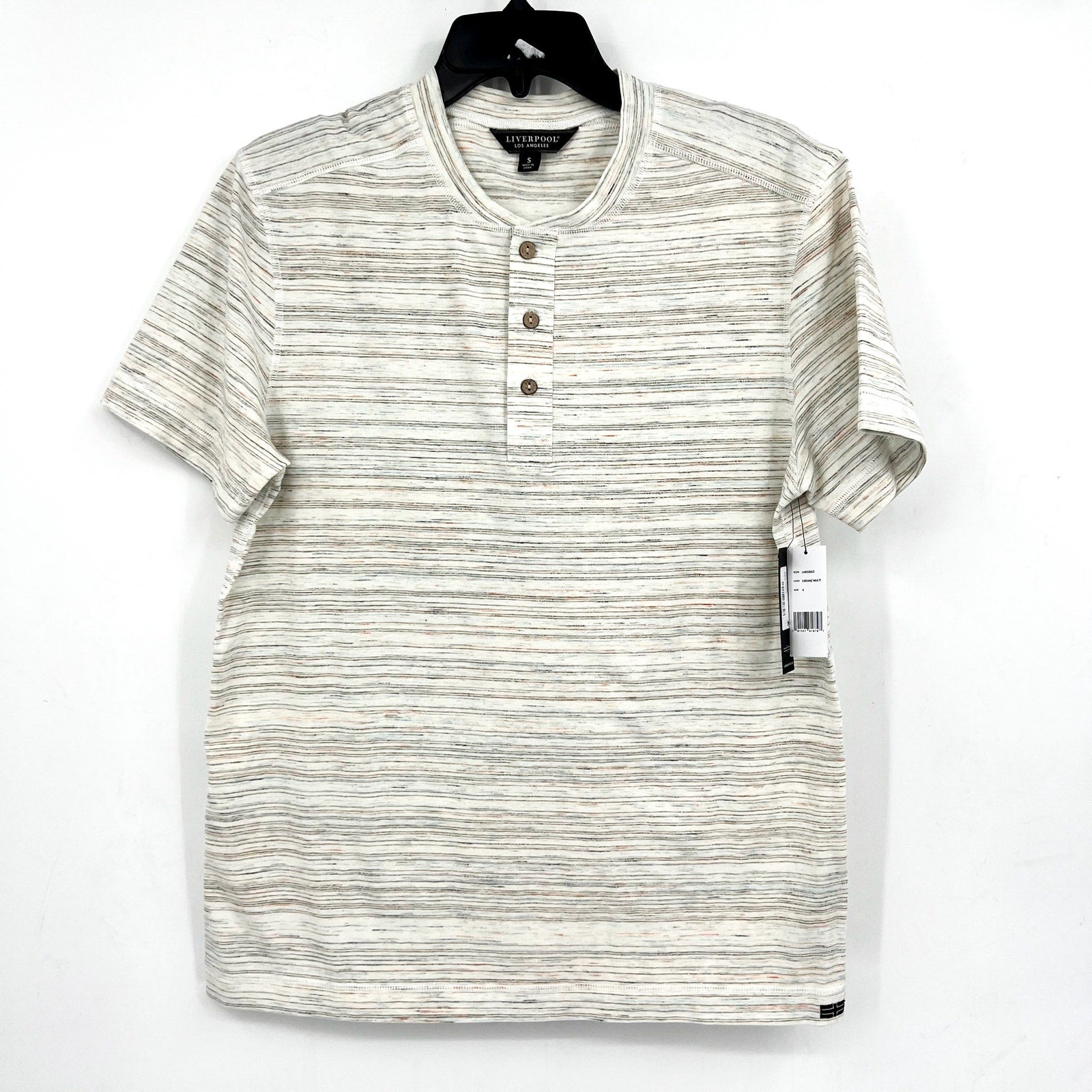 LIVERPOOL Men's Short Sleeve Henley Top Small Cream Space Dyed NWT