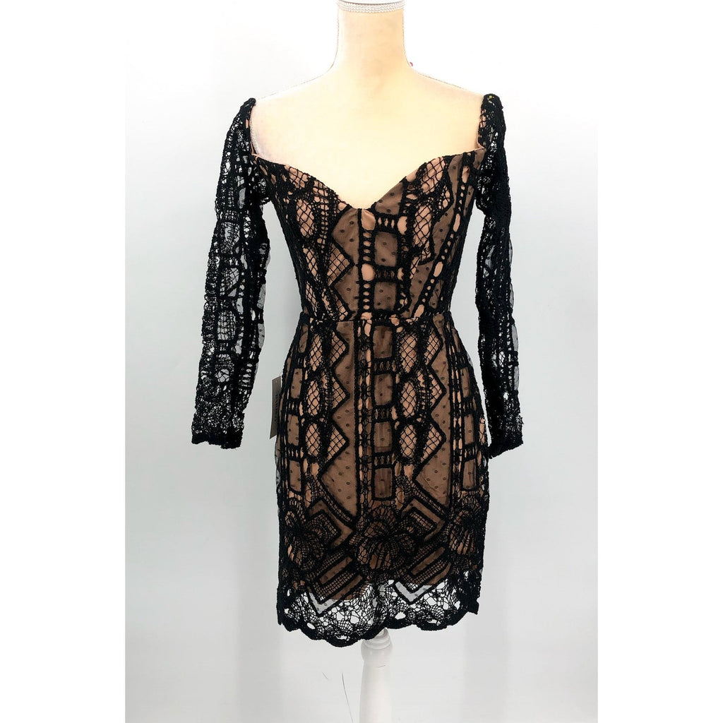 BARDOT Women's Zendaya Mini Lace Dress Large Black Nude Off Shoulder NWT