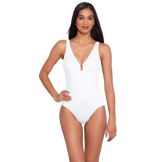 LAUREN RALPH LAUREN One Piece Swimsuit Size 12 White Beach Club Solid Ring NWT