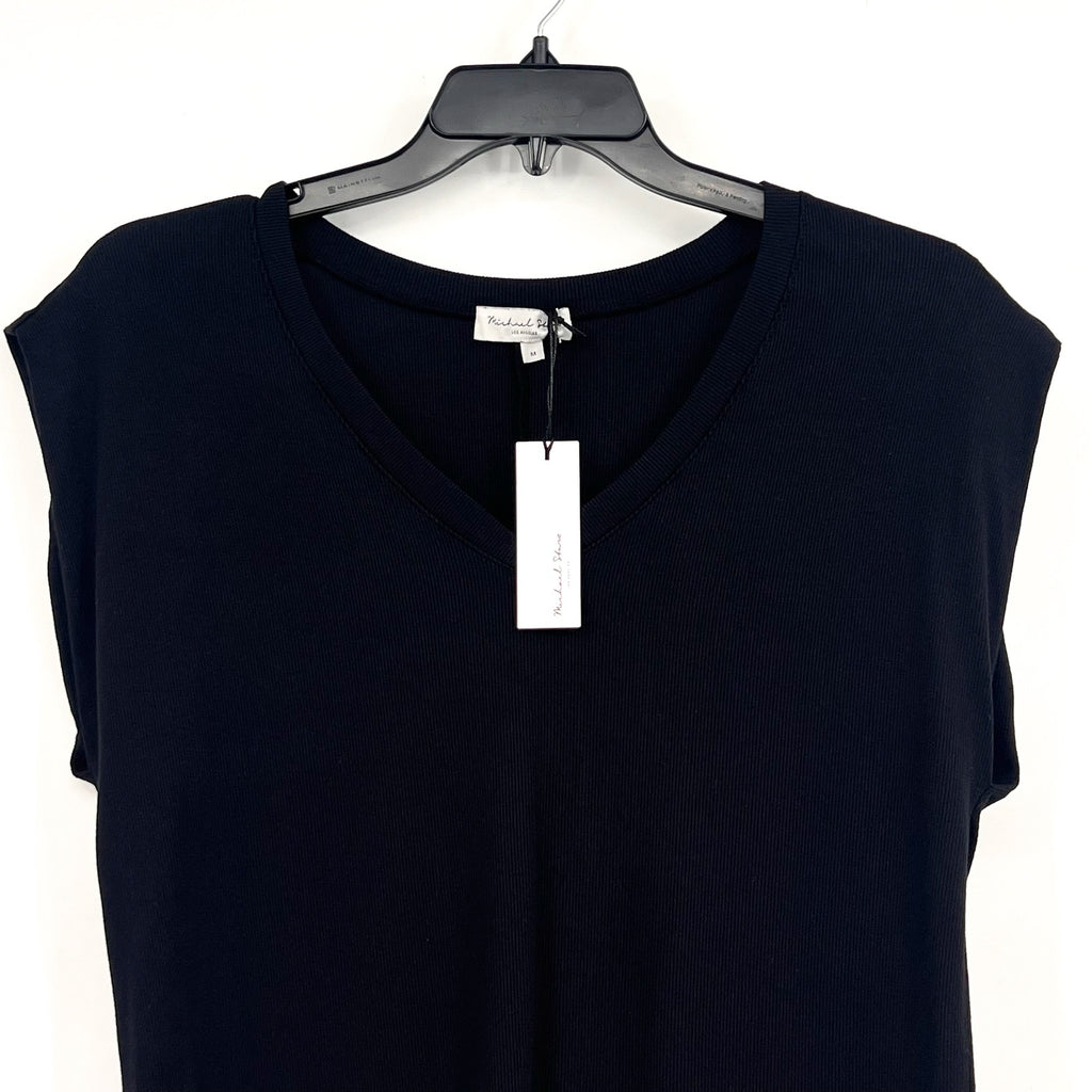 MICHAEL STARS Women's Tati V-Neck Power Shoulder Top Medium Black NWT