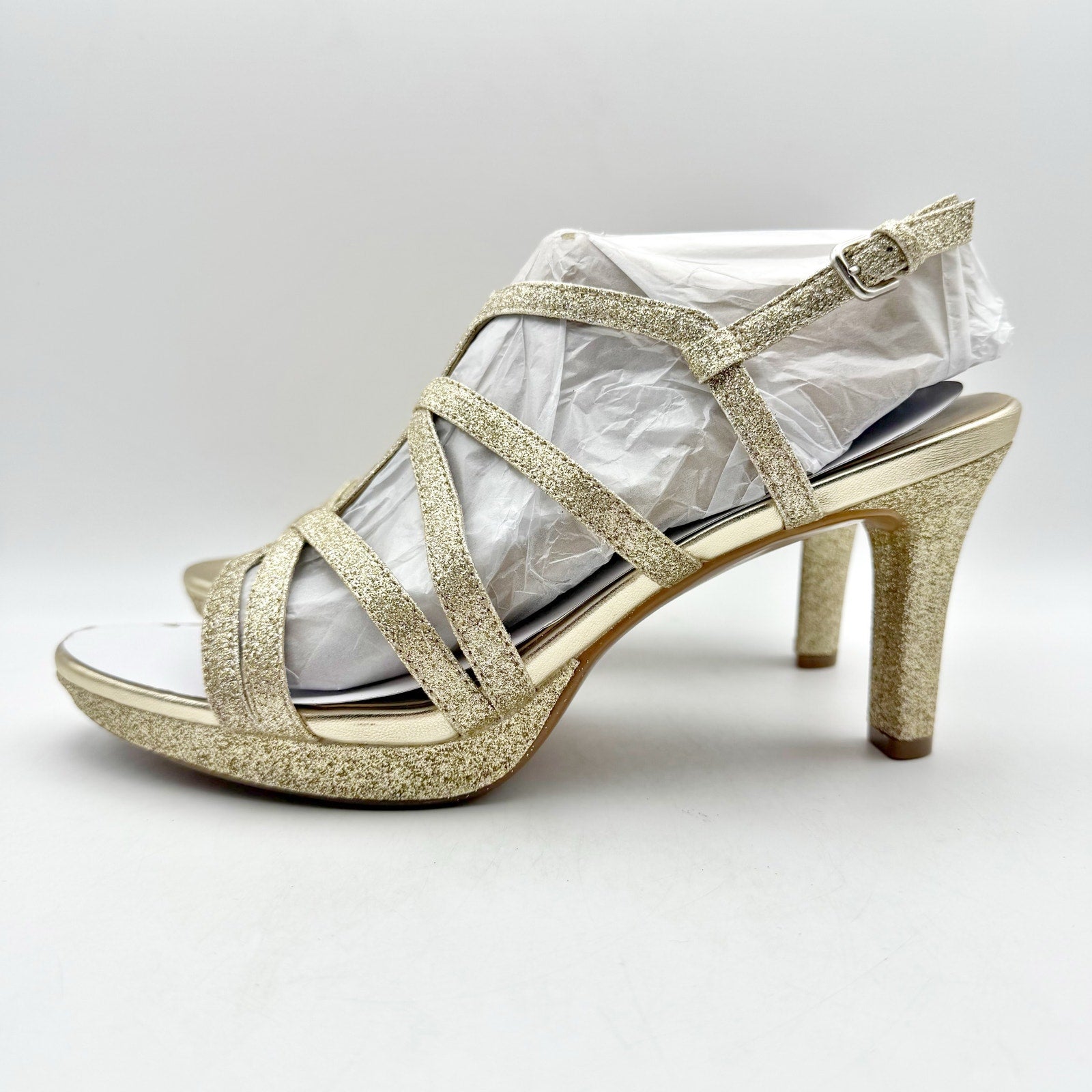 Naturalizer Womens Baylor Heeled Sandals US 9.5 Wide EU 40.5 Gold Glitter NIB