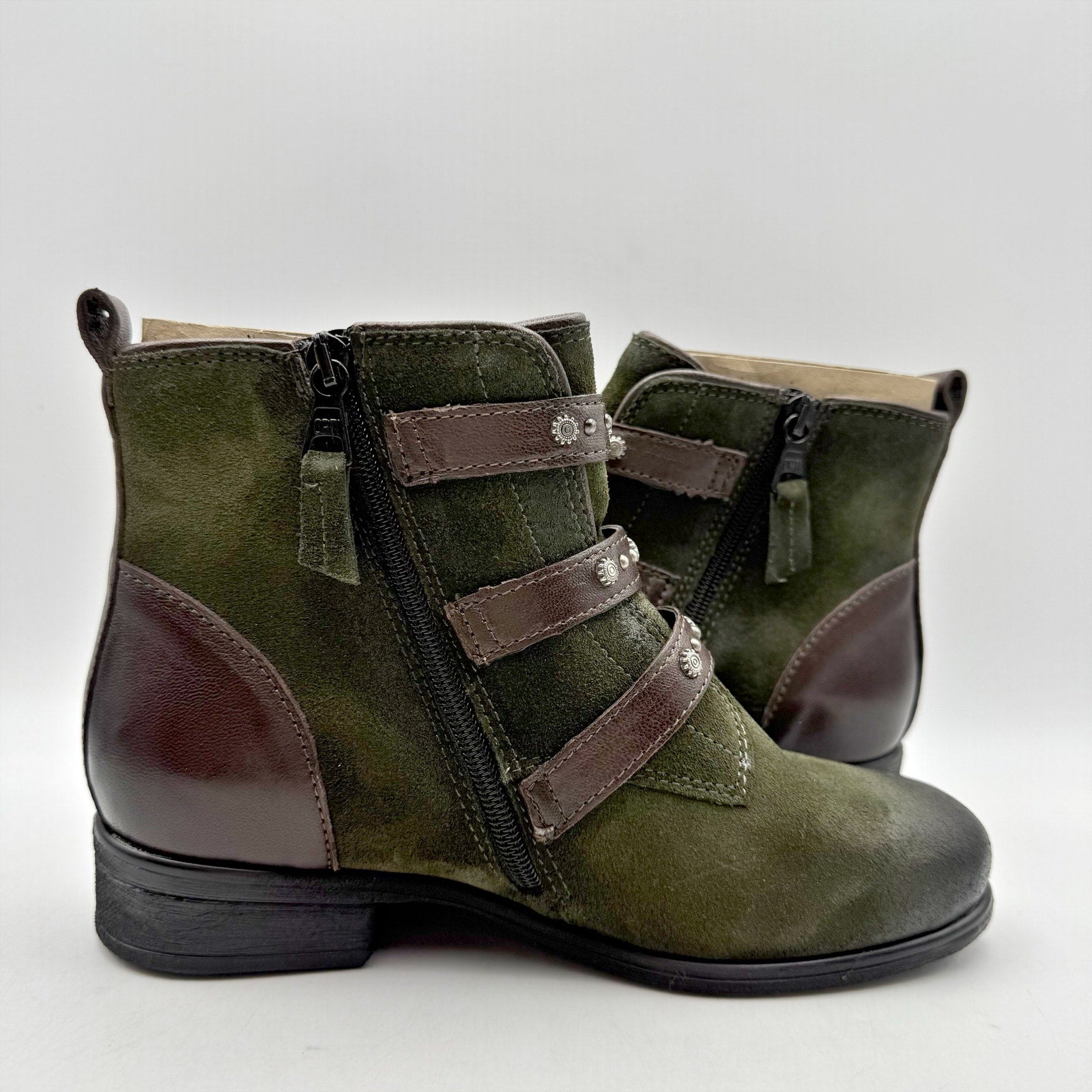 Miz Mooz Womens Sherri Ankle Boot EU 36 WIDE US 6 Green Brown Leather Buckle NIB