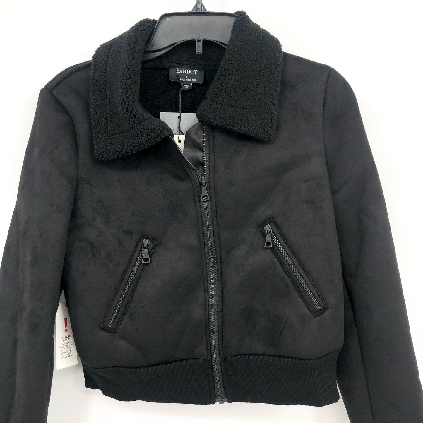 BARDOT Women's Shearling Bomber Jacket Small US 4 Black Faux Suede Cropped NWT