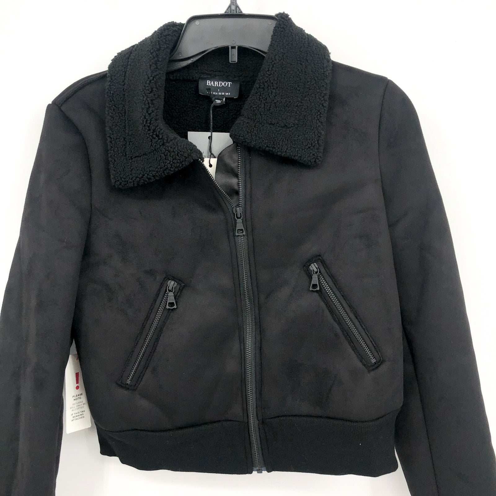 BARDOT Women's Shearling Bomber Jacket Small US 4 Black Faux Suede Cropped NWT