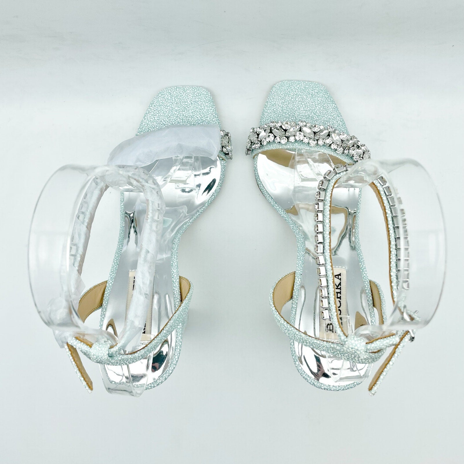 BADGLEY MISCHKA Womens Tasmine Tall Evening Sandals US 6.5 Blue Crystals NIB
