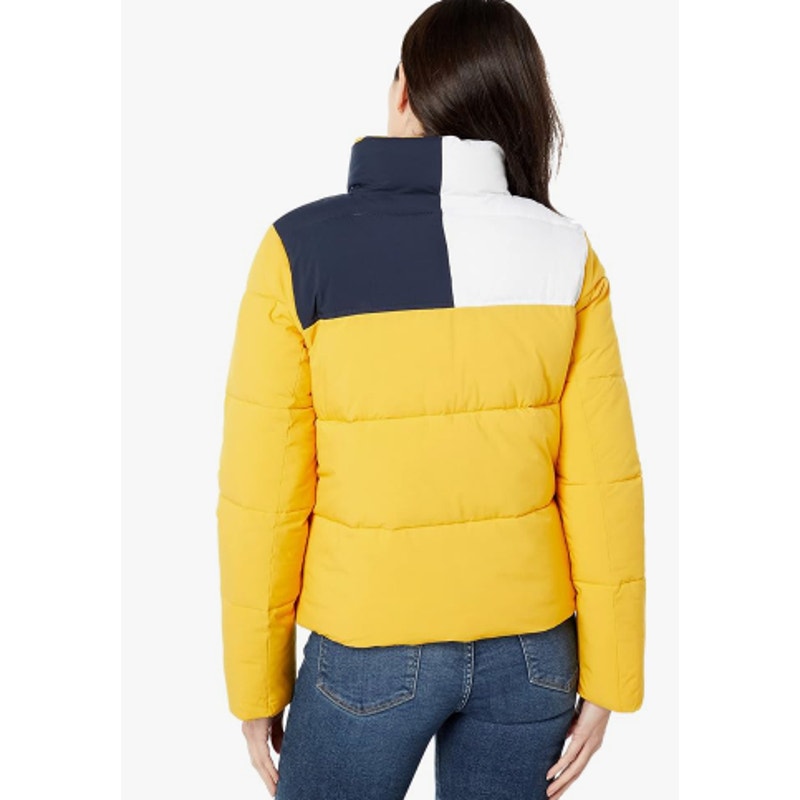 TOMMY JEANS Womens Big Logo Puffer Coat XS Yellow White Blue Ski Jacket NWT