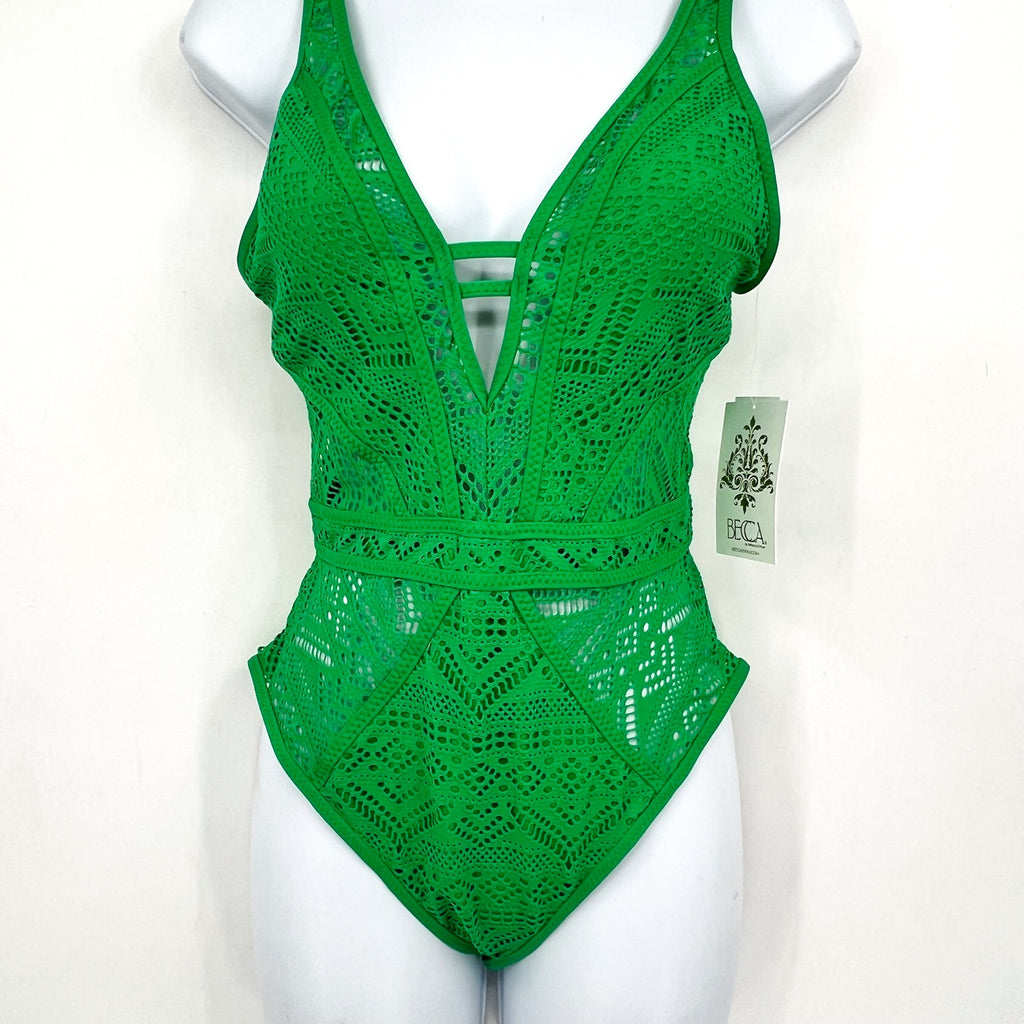 BECCA Women's Crochet Plunge One Piece Swimsuit XS Emerald Green Color Play NWT