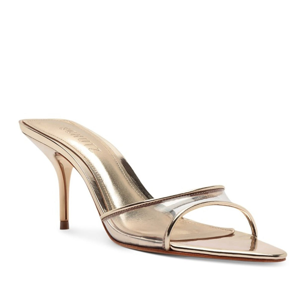 Schutz Womens Elodie Vinyl Heeled Mule Sandals Size 7.5 Platinum Gold NIB