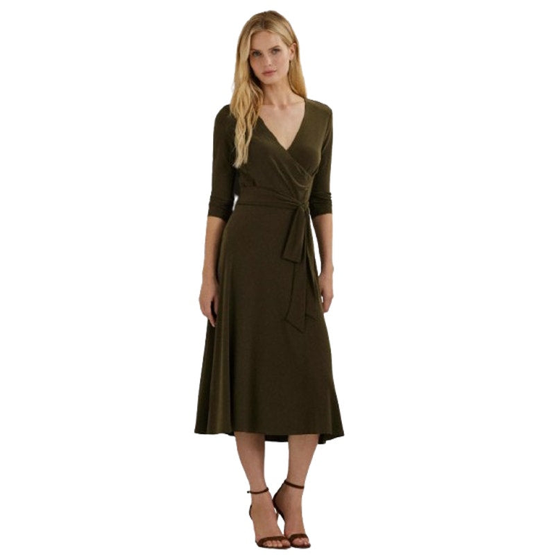 LAUREN RALPH LAUREN Surplice Jersey Dress Size 8 Olive Green Faux Wrap Belt NWT