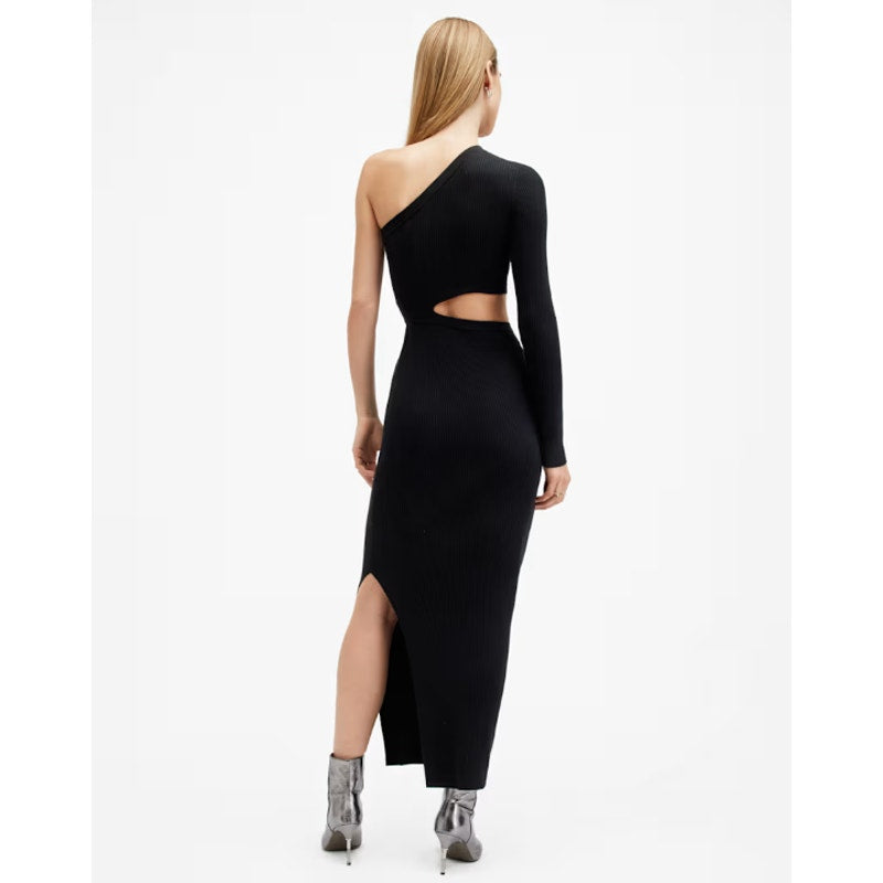 ALLSAINTS Daisy Cut Out Maxi Dress Small Black Asymmetric One Shoulder Knit NWT