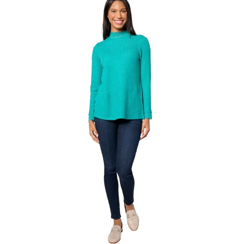 LOGO LORI GOLDSTEIN Metallic Waffle Knit Top Medium Blue Green Long Sleeve NWOT