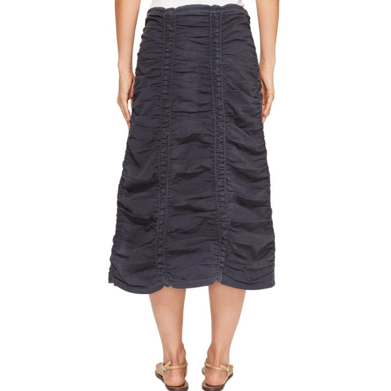 XCVI Double Shirred Panel Midi Skirt Large Charcoal Grey Stretch Poplin NWT