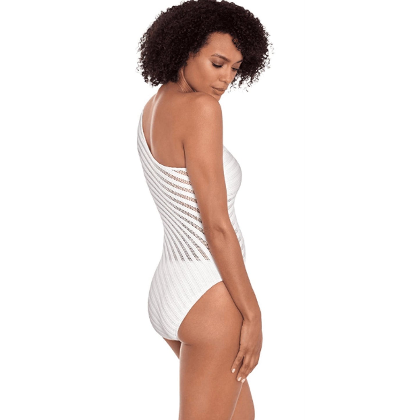 RALPH LAUREN Ottoman Mesh One-Piece Swimsuit Size 12 White One Shoulder NWT