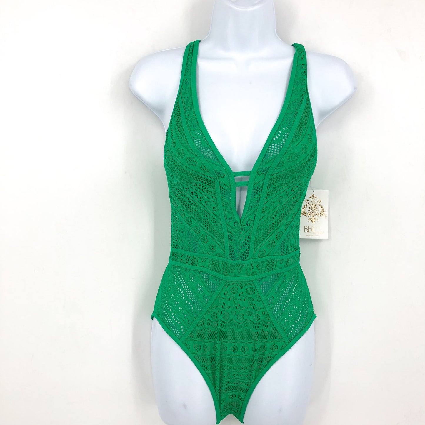 BECCA SWIM Women's Color Play Plunge One Piece Swimsuit Green Verde XS