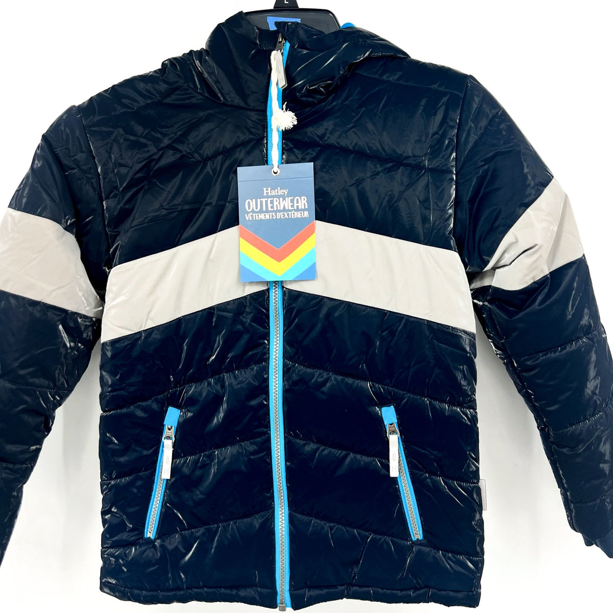 HATLEY Boys Shark Skin Puffer Jacket Size 8 Navy Blue Colorblock Hooded NWT