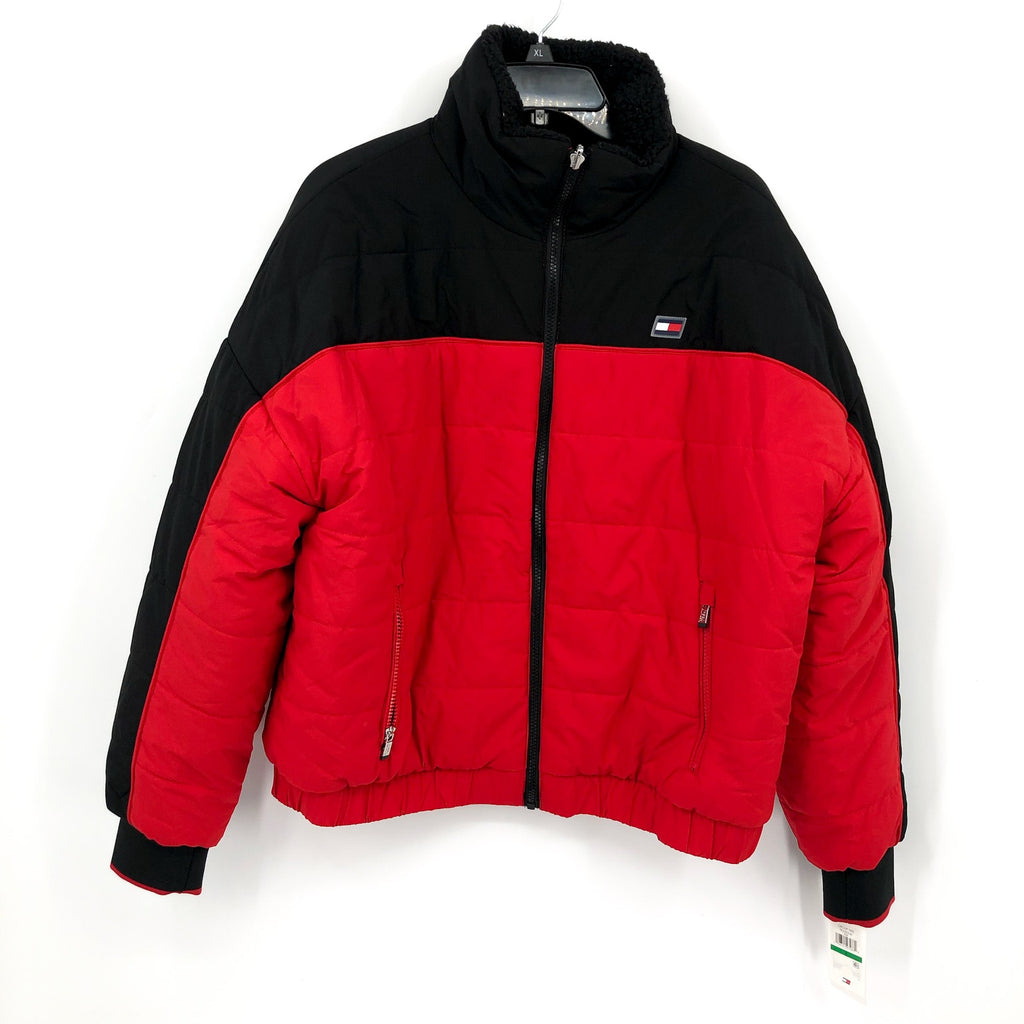 TOMMY HILFIGER SPORT Womens Reversible Track Jacket Large Red Black Sherpa NWT
