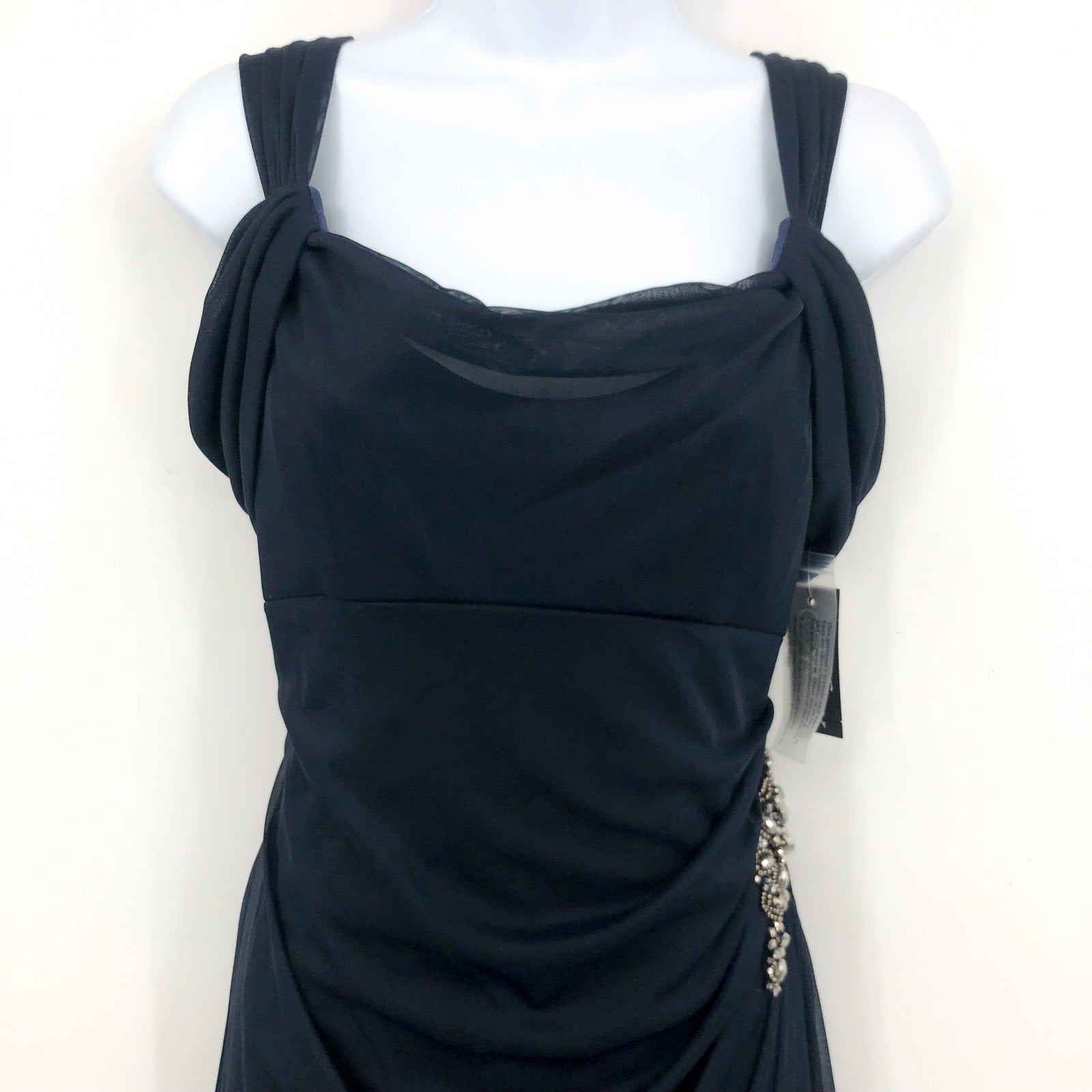 ALEX EVENINGS 132902 Grecian Gown Size 6 Navy Blue Jewel Accent Dress NWT