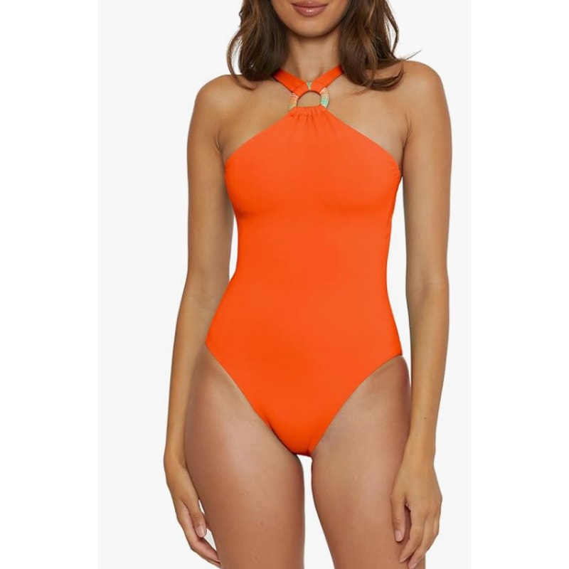 BECCA Women's Baja Mar One Piece Swimsuit Medium Orange Carrot High Neck NWT