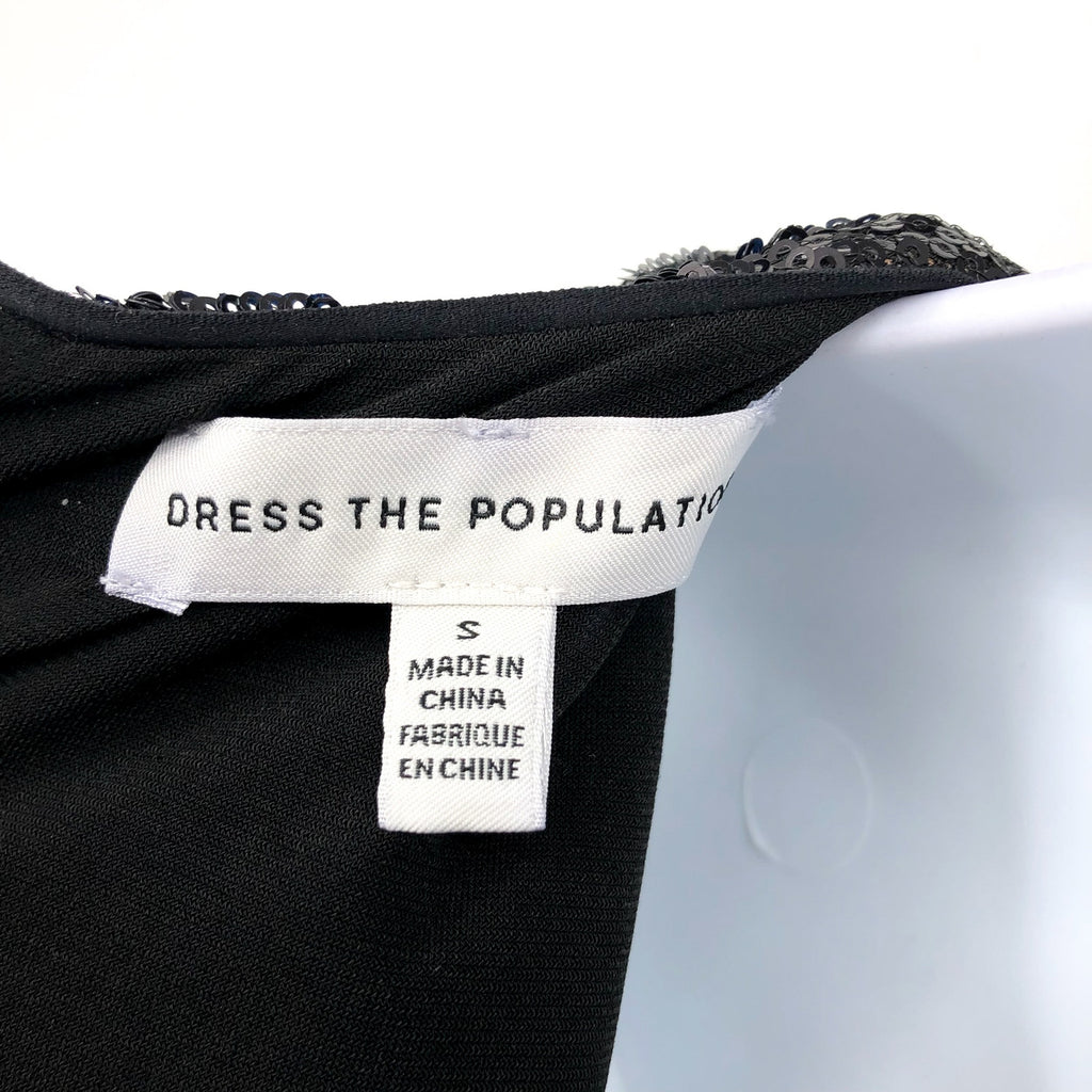 Dress The Population Long Sleeve Sequin Midi Dress Small Black Front Slit NWOT