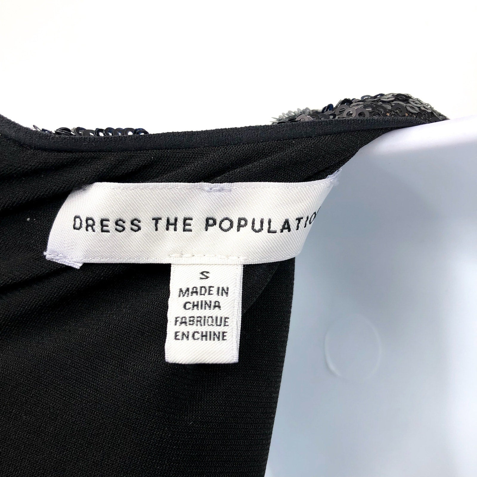 Dress The Population Long Sleeve Sequin Midi Dress Small Black Front Slit NWOT