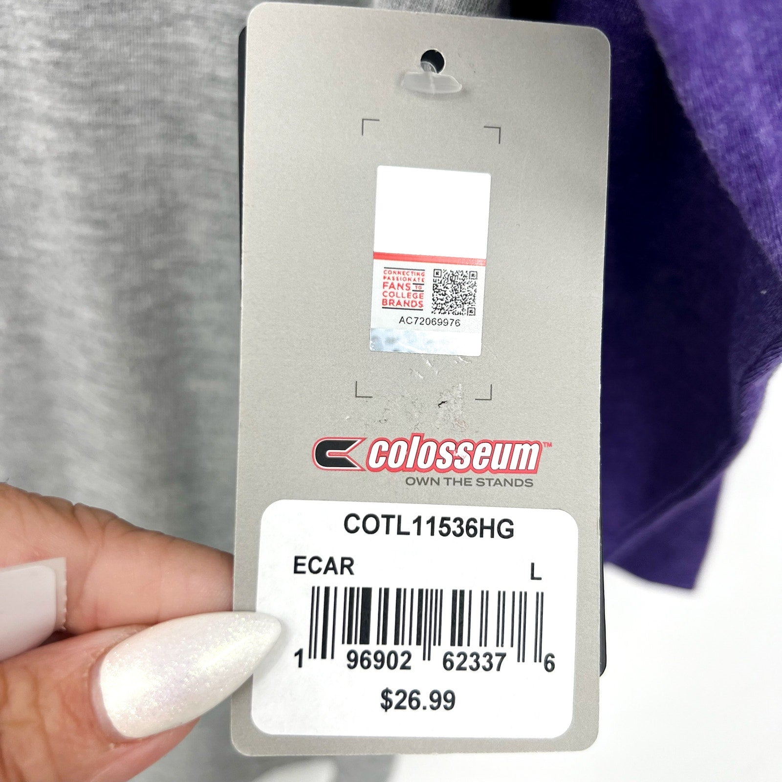 COLLOSEUM Mens East Carolina Pirates Baseball Tee Large Grey Purple NWT
