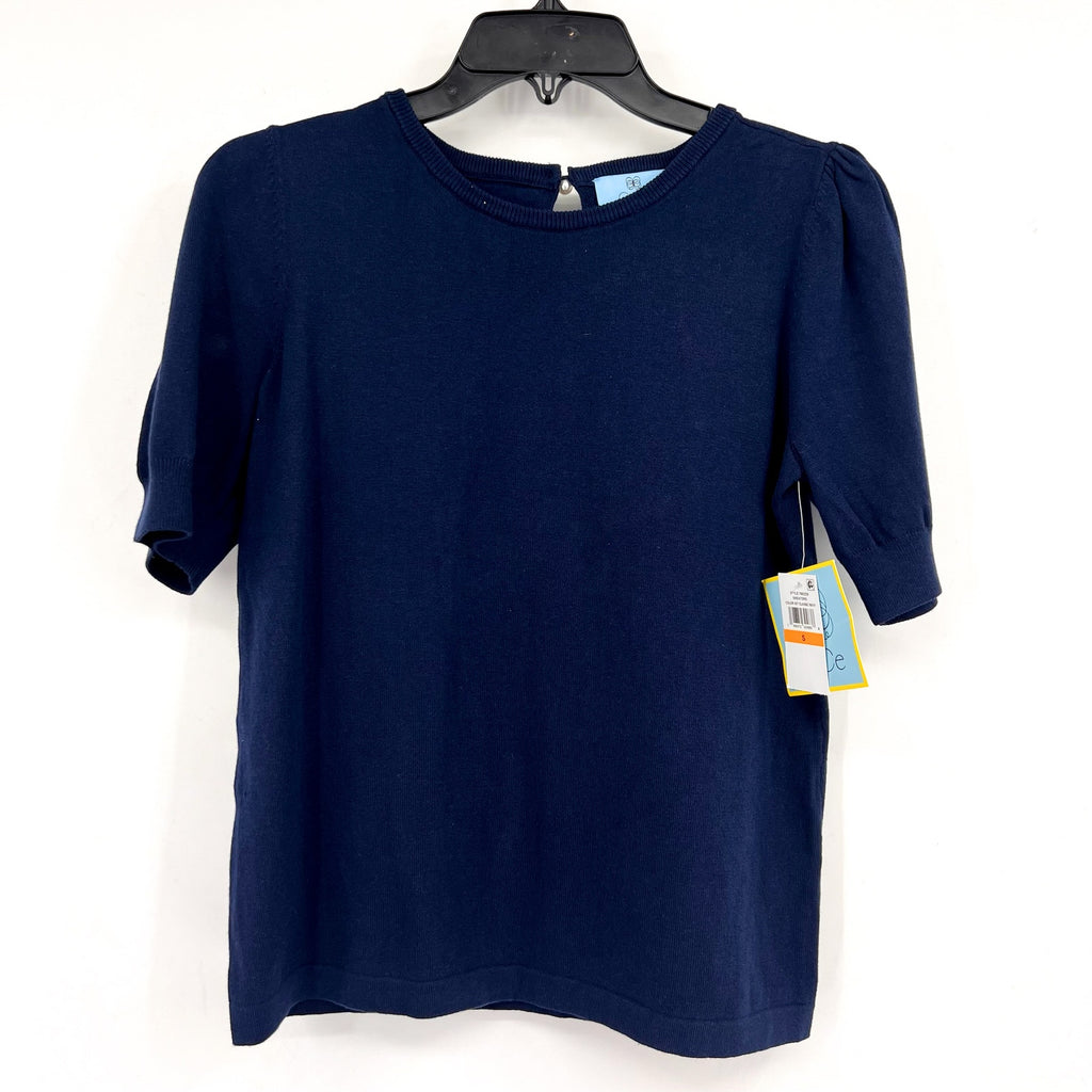 CECE Womens Knit Top Small Classic Navy Blue Pearl Button Short Sleeve NWT